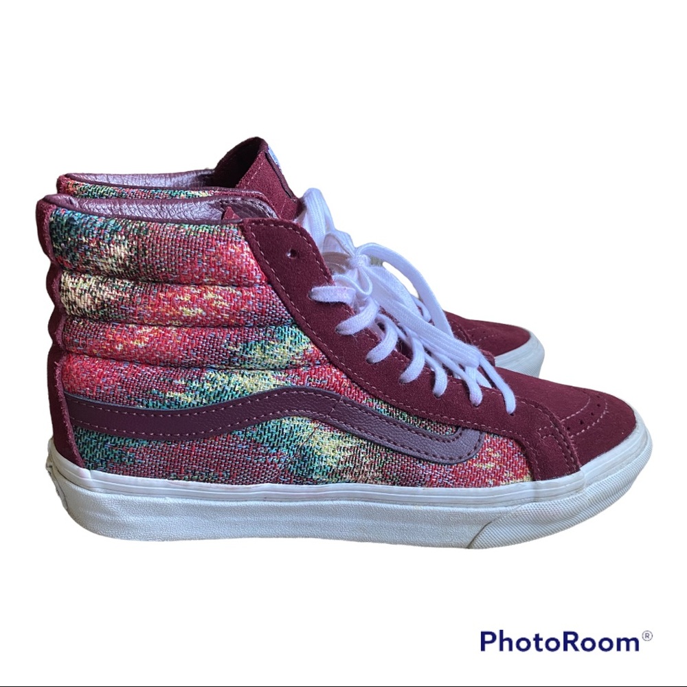Vans Red High Top Skate Shoes Baja Fabric Pattern Women’s Size 8 mens 6.5